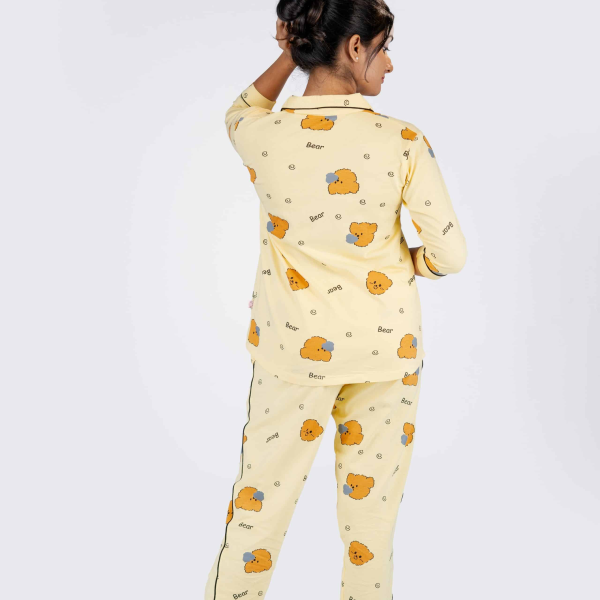 Teddy Dreams Yellow Pyjama Set | Notched Collor | 100% Pure Cotton | Bio-Washed | Manufacture to Consumer Direct sale